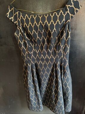 Vince Camuto Black and Gold Patterned Fit-and-Flare Dress Bateau Neckline